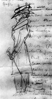 Пушкин. Автопортрет в полный рост, в картузе, с тростью на рукописи главы "Евгения Онегина", январь 1826